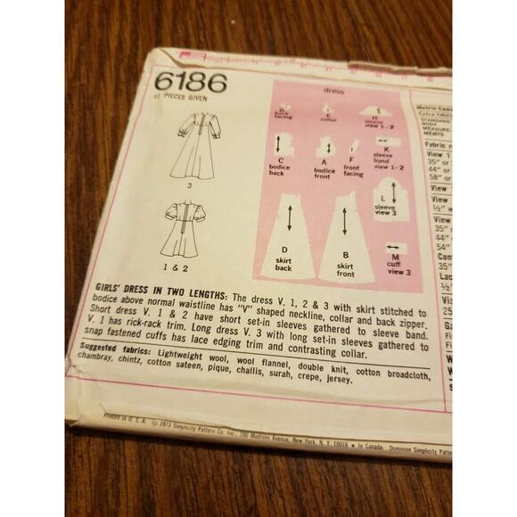 Dress High Waist V Neck Collar Girls Size 8 Simplicity 6186 Sewing Pattern - Picture 4 of 7